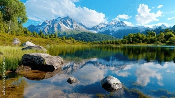 Fototapeta Pristine lake serves as a natural mirror, doubling the beauty of the surrounding mountain range.