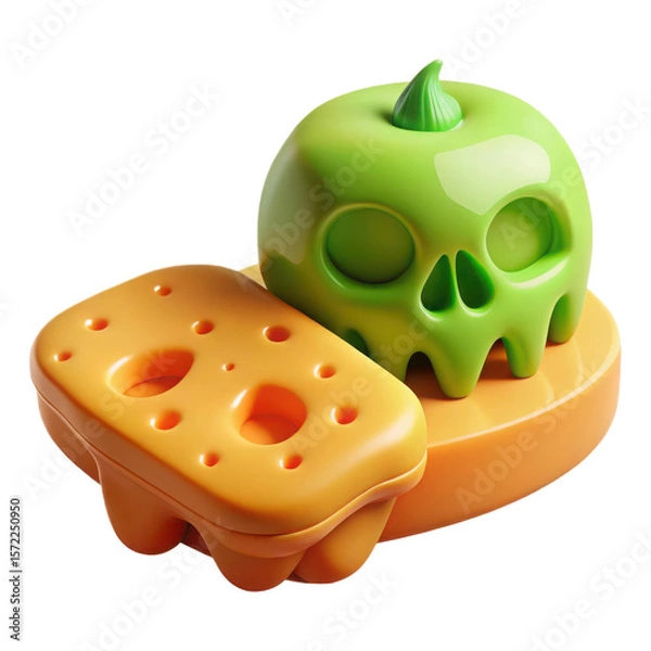 Fototapeta Stylized green skull with apple stem on a cheese slice isolated on transparent background
