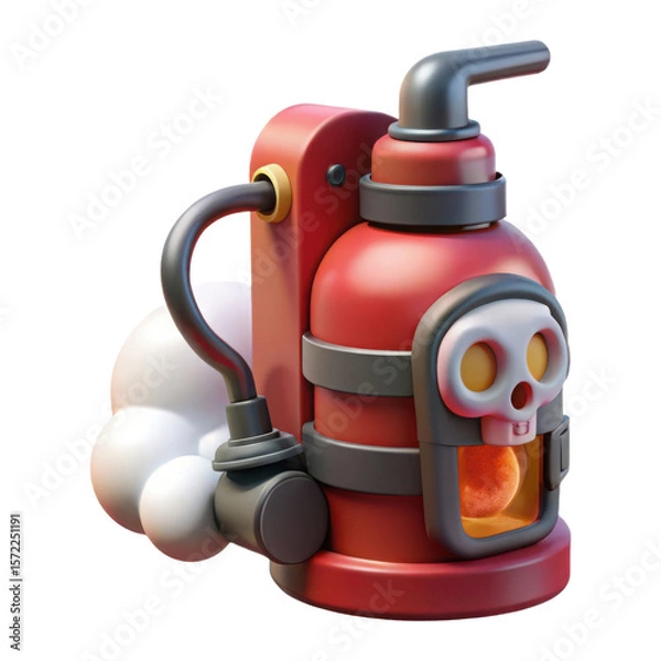Fototapeta Stylized 3d render of a red fire extinguisher with a skull design and smoke isolated on transparent background