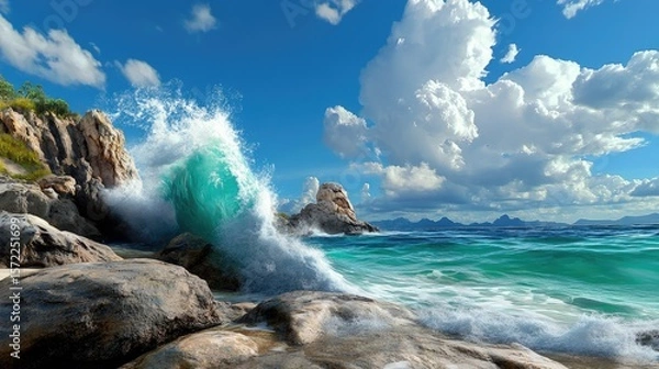 Fototapeta Dramatic waves against rocky cliffs, water jets reaching high into the air.
