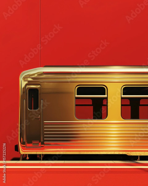 Fototapeta Shiny golden train against a vibrant red background illuminated for artistic effect. Generative AI