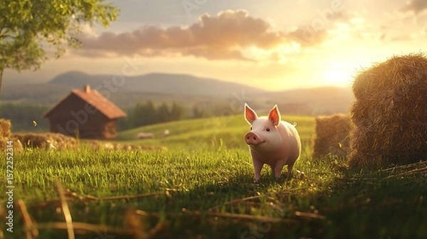 Obraz Piglet trotting on sunny barn road high resolution picture