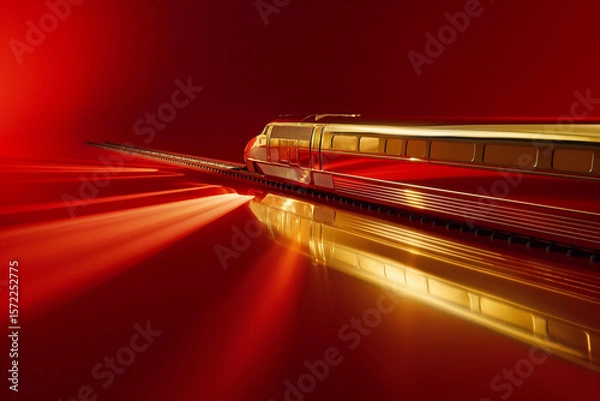 Fototapeta Shiny golden model train against a vibrant red background illuminated for artistic effect. Generative AI
