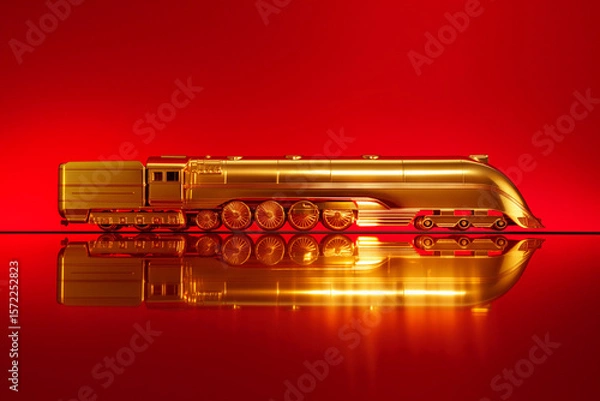 Fototapeta Shiny golden model train against a vibrant red background illuminated for artistic effect. Generative AI