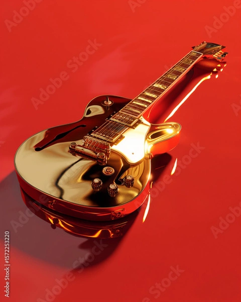 Fototapeta Golden electric guitar displays intricate design on a vibrant red background, illuminating the craftsmanship of music instruments. Generative AI