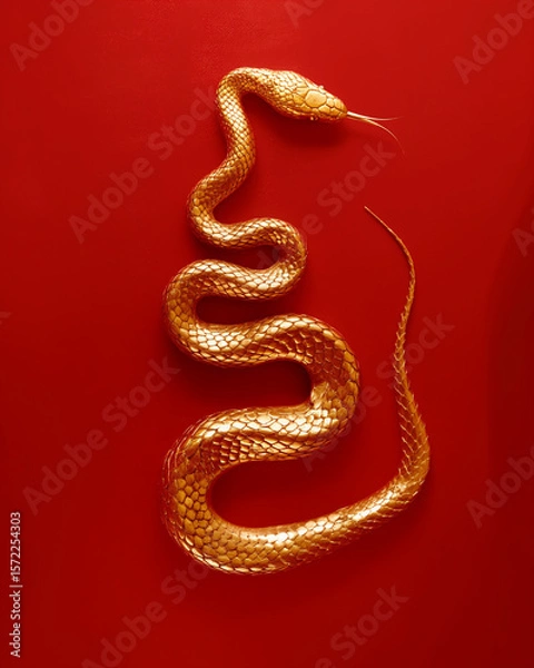 Fototapeta Close up of a golden snake on red. Generative AI
