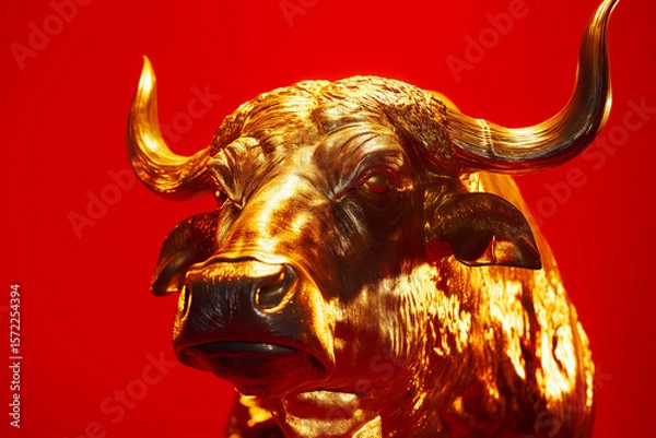 Fototapeta Golden bull isolated on red background. Generative AI