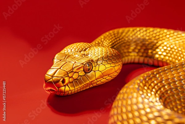 Fototapeta Close up of a golden snake on red. Generative AI