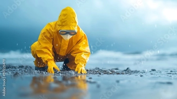 Fototapeta Hazmat Scientist in Rain Investigating Beach