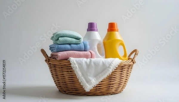 Fototapeta Fresh Towels and Detergent Bottles Neatly Arranged in Laundry Basket