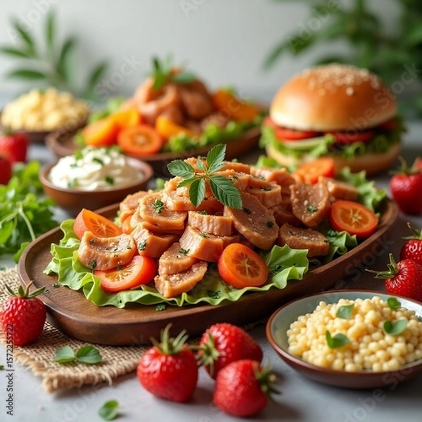 Fototapeta A fresh and vibrant dish of sliced sausages with cherry tomatoes on lettuce, surrounded by strawberries, creamy dip, couscous, and a juicy burger, creating a colorful and appetizing scene.
