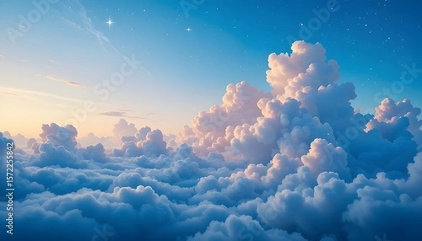 Fototapeta Dreamy Abstract Background with Blue Sky, Clouds, and Starry Elements
