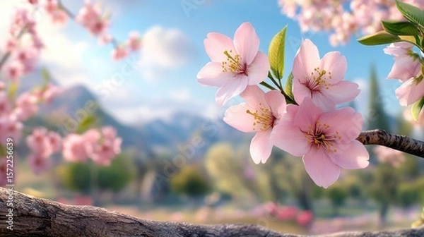 Fototapeta Cherry blossom branches with pale pink petals in full bloom, creating a soft pink carpet on the ground, glowing in spring sunlight against a blue sky.