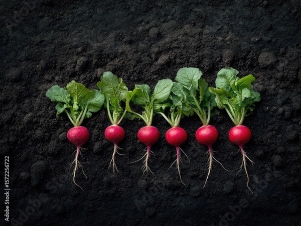 Fototapeta Red radishes in soil,  a row