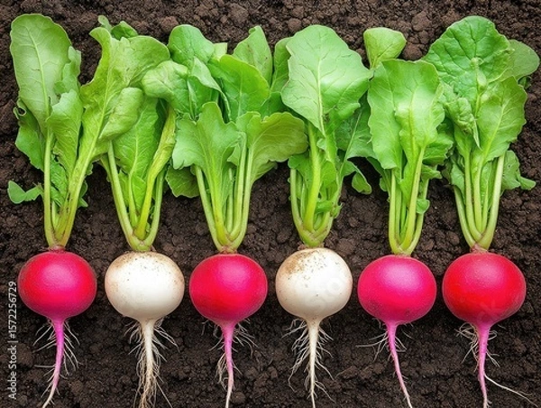 Fototapeta Radishes in a row,  fresh roots with vibrant green leaves in rich soil