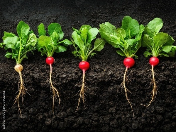 Fototapeta Radish sprouts in rich soil, rows of fresh growth