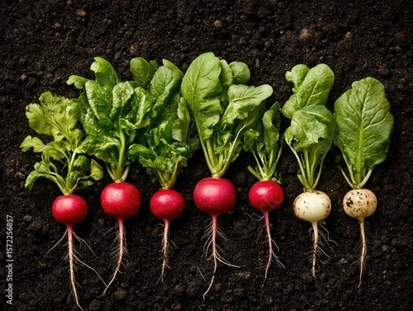 Fototapeta Radishes in the soil, rows of red and white