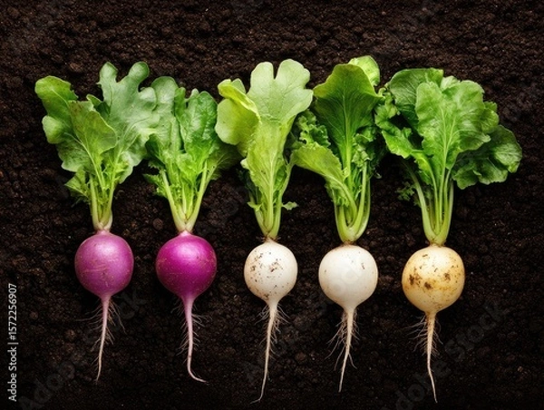 Fototapeta Four radishes, varying in color, growing in rich soil