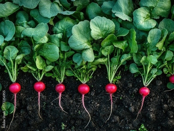 Fototapeta Rows of vibrant red radishes emerging from dark soil, surrounded by lush green leaves