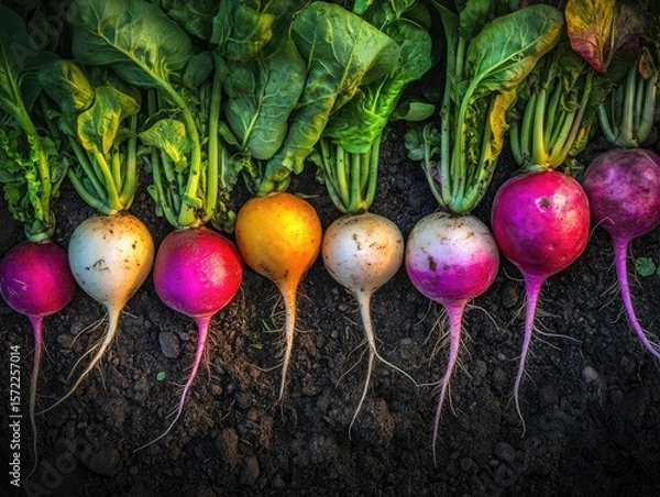 Fototapeta Colorful radishes in a row