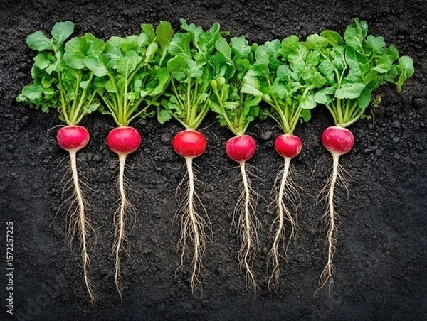 Fototapeta Row of vibrant red radishes with green tops in dark soil