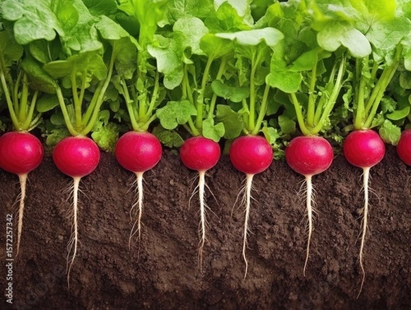 Fototapeta Radishes growing in rich soil.  Green leaves and vibrant red roots