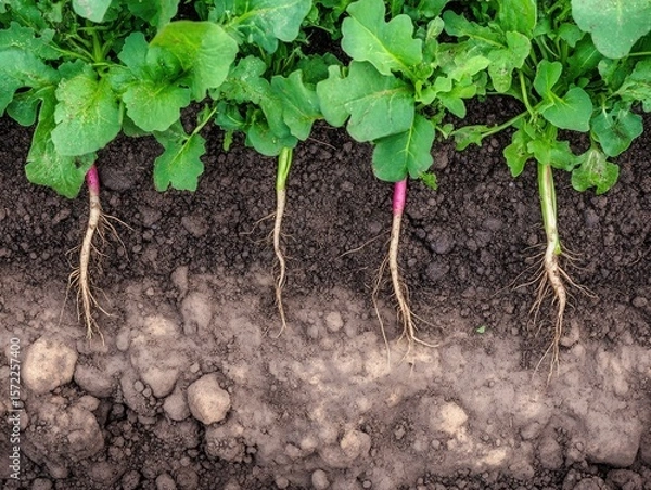 Fototapeta Rows of radish plants with visible roots