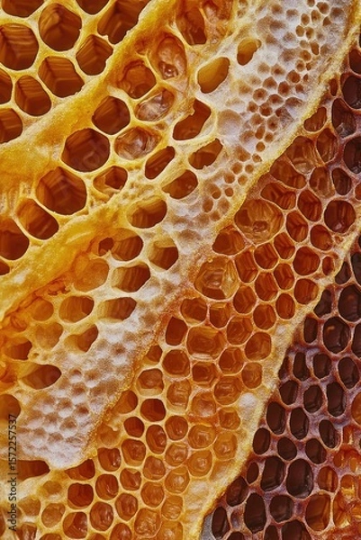 Fototapeta Close-up honeycomb cells, varying shades of amber and caramel