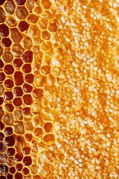 Fototapeta Close-up view of honeycomb cells, exhibiting a golden-brown color