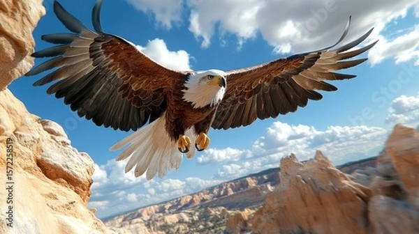 Fototapeta Powerful eagle soars high above a rugged canyon, its wings spread wide against the blue sky.