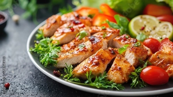 Fototapeta A plate of grilled chicken breast with vegetables and a side of salad on a dark rustic table.