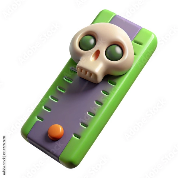 Fototapeta Stylized 3d rendering of a cartoon skull with green eyes and teeth on a purple and green ruler isolated on transparent background
