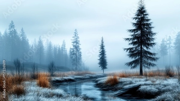 Fototapeta Soft fog blankets a pine forest, with only the faint outlines of trees visible in the pale light.