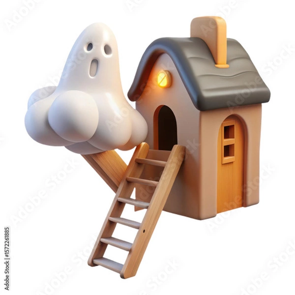 Fototapeta Cute cartoon ghost floating near a small house with a ladder isolated on transparent background