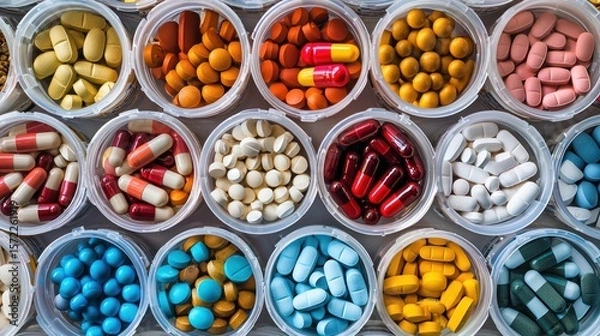 Fototapeta A colorful assortment of pills and capsules in various colors and sizes, neatly arranged in transparent containers.
