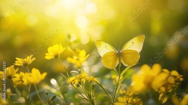 Fototapeta A yellow butterfly perched on a yellow flower in a field of yellow flowers with a blurred background under a bright yellow sun.
