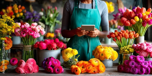 Fototapeta Florist in apron uses tablet to manage vibrant flowers in workspace