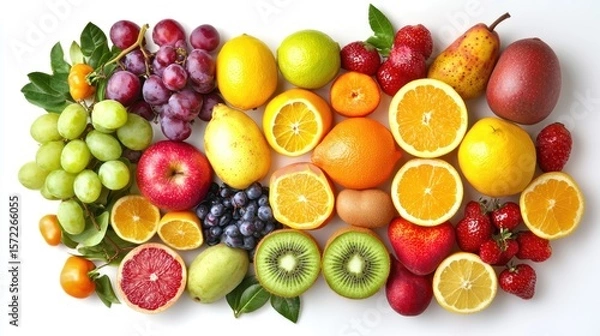 Fototapeta A colorful arrangement of various fruits and vegetables on a white background.