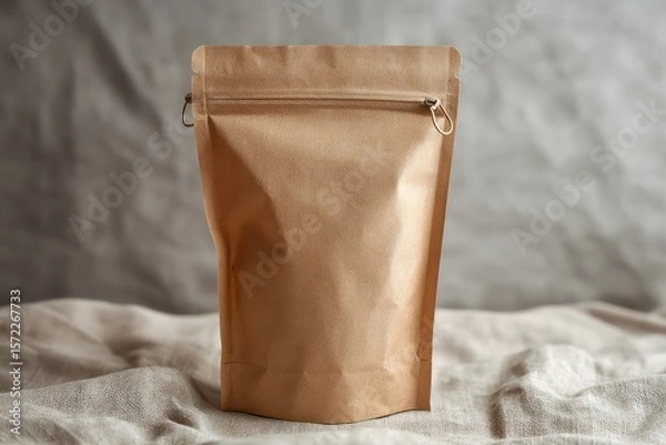 Fototapeta Kraft paper pouch with zip lock closure displayed on a soft linen backdrop, perfect for custom branding.