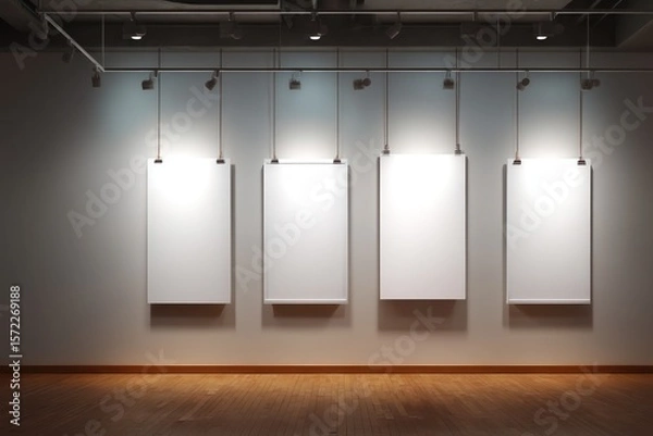 Fototapeta Display set of blank picture gallery mockups with hanging photo canvases and banners for advertising.