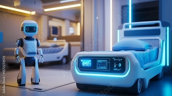 Fototapeta Envisions futuristic hospital room with robot assistant smart technology for enhancing patient care efficiency advanced medical environment concept.