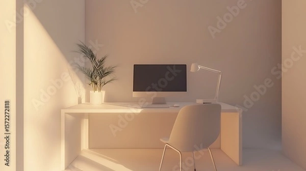 Fototapeta Serene minimalist home office setup with warm sunlight for calm productive environment simple design natural light cozy workspace focused modern living concept.
