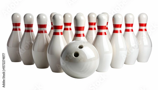 Fototapeta Bowling Pins and Ball: Ready to strike! A set of ten bowling pins with a bowling ball in front, ready for a strike.  A classic image representing fun, competition and leisure.