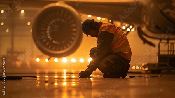 Fototapeta Aircraft Mechanic Working on Jet Engine at Night