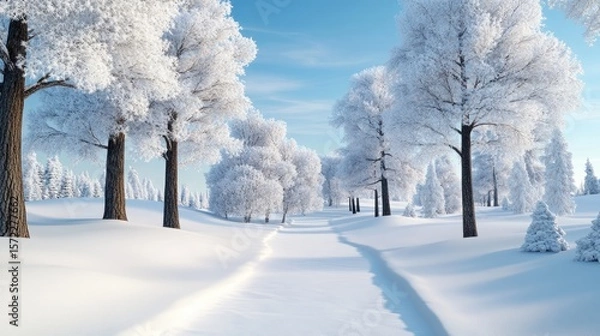 Fototapeta Snowy ground beneath towering pine trees, branches burdened with new snow.