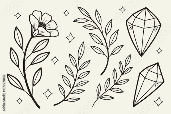 Fototapeta Hand drawn botanical elements and crystals with sparkling stars on a cream background
