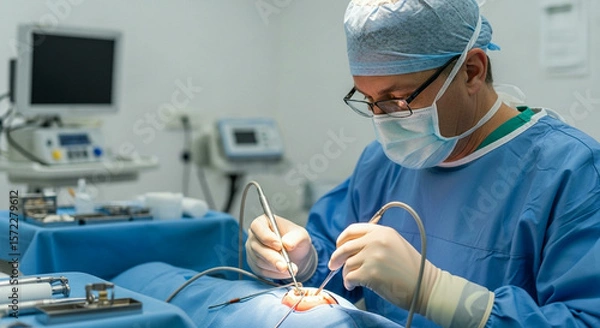 Fototapeta A team of dental surgeons in full surgical attire performing an implant procedure in a sterile operating room
