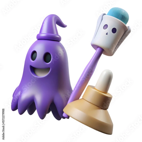 Fototapeta Cute cartoon purple ghost wearing a wizard hat with a dropper and toothbrush isolated on transparent background