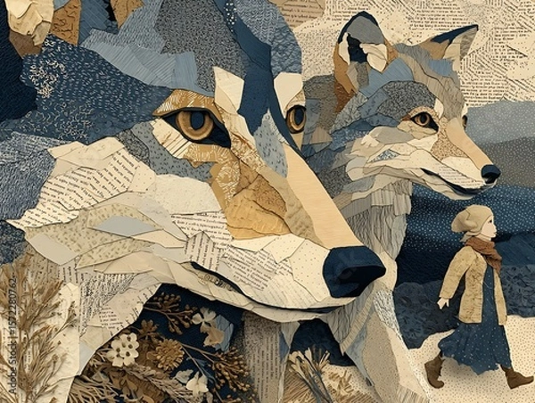Fototapeta Collage-style forest scene with child and five wolf cubs, handmade textures