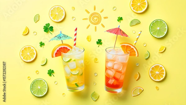 Fototapeta Refreshing citrus drinks with ice and fruit slices on yellow background